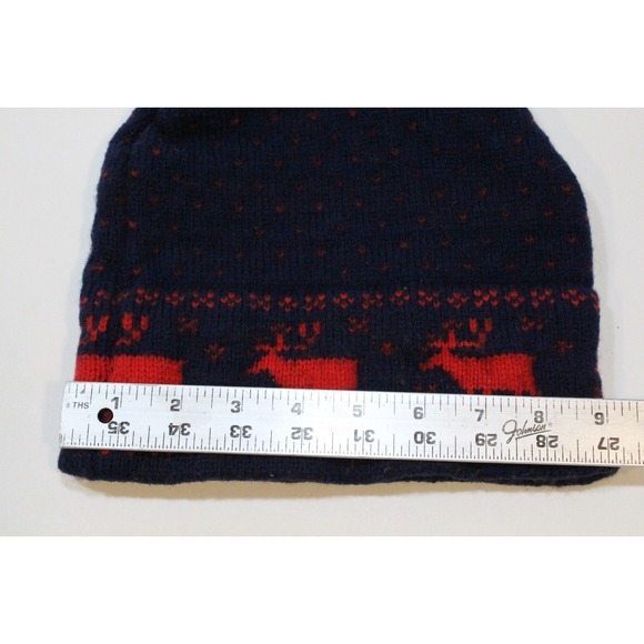Vintage Stowe Woolens Moose Pattern Blue / Red Knit Ski Hat Made in USA - Picture 7 of 9